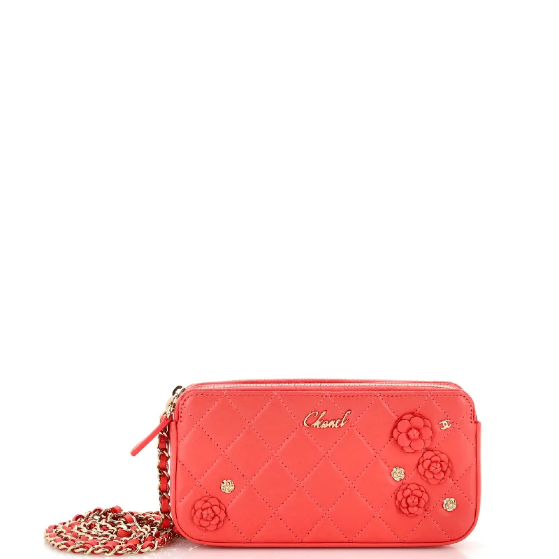 Camellia Charms Double Zip Clutch with Chain Quilted Lambskin