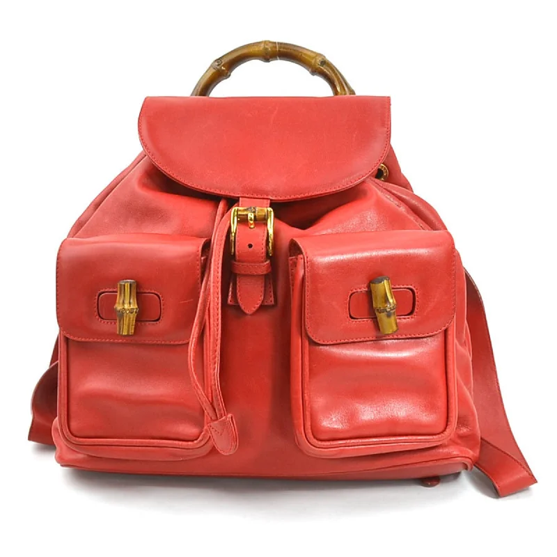 GUCCI Backpack Bamboo Leather Red Gold Ladies